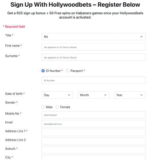 hollywoodbets sign up page