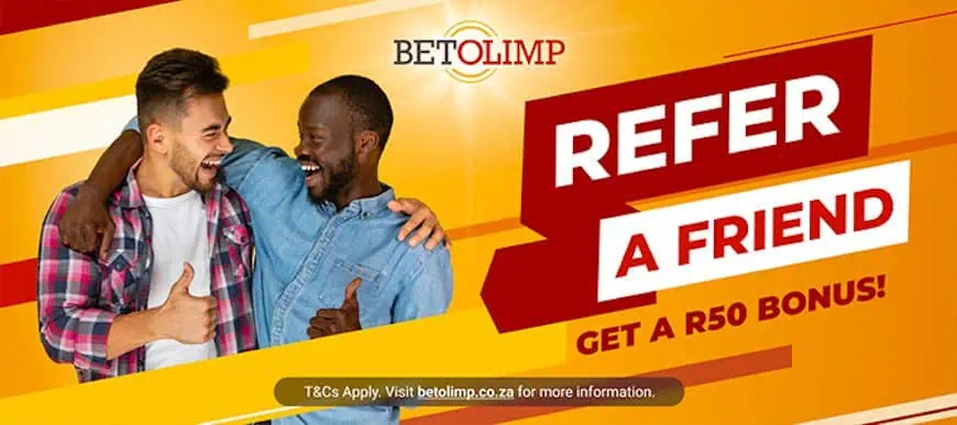 Introducing the BetOlimp Referral Program - Earn a R50 Bonus for Each Friend You Invite!

Unlock exclusive rewards by inviting your friends to join BetOlimp! For every friend you successfully refer, you'll receive a generous R50 bonus. The best part? There's no limit to the number of friends you can invite, so the more, the merrier!

Please note that this promotion is exclusively available for our online customers. Additionally, the friend you refer must not already have an existing BetOlimp account. To qualify for the bonus, both your account and your friend's account must be successfully FICA approved.

Don't miss out on this fantastic opportunity to earn extra rewards. Start inviting your friends to join BetOlimp today and enjoy the benefits of our referral program!