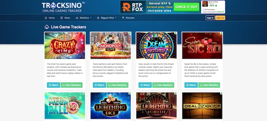 tracksino homepage screenshot