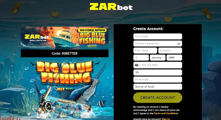 ZARbet 50 free spins no deposit bonus